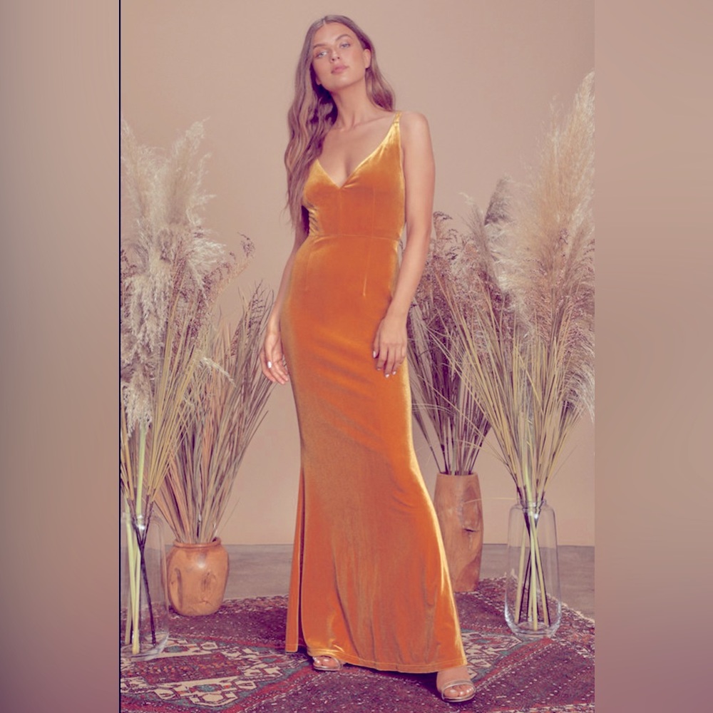 Lulus Maliya Velvet Mermaid Maxi Dress Gown In Gold Color Size S